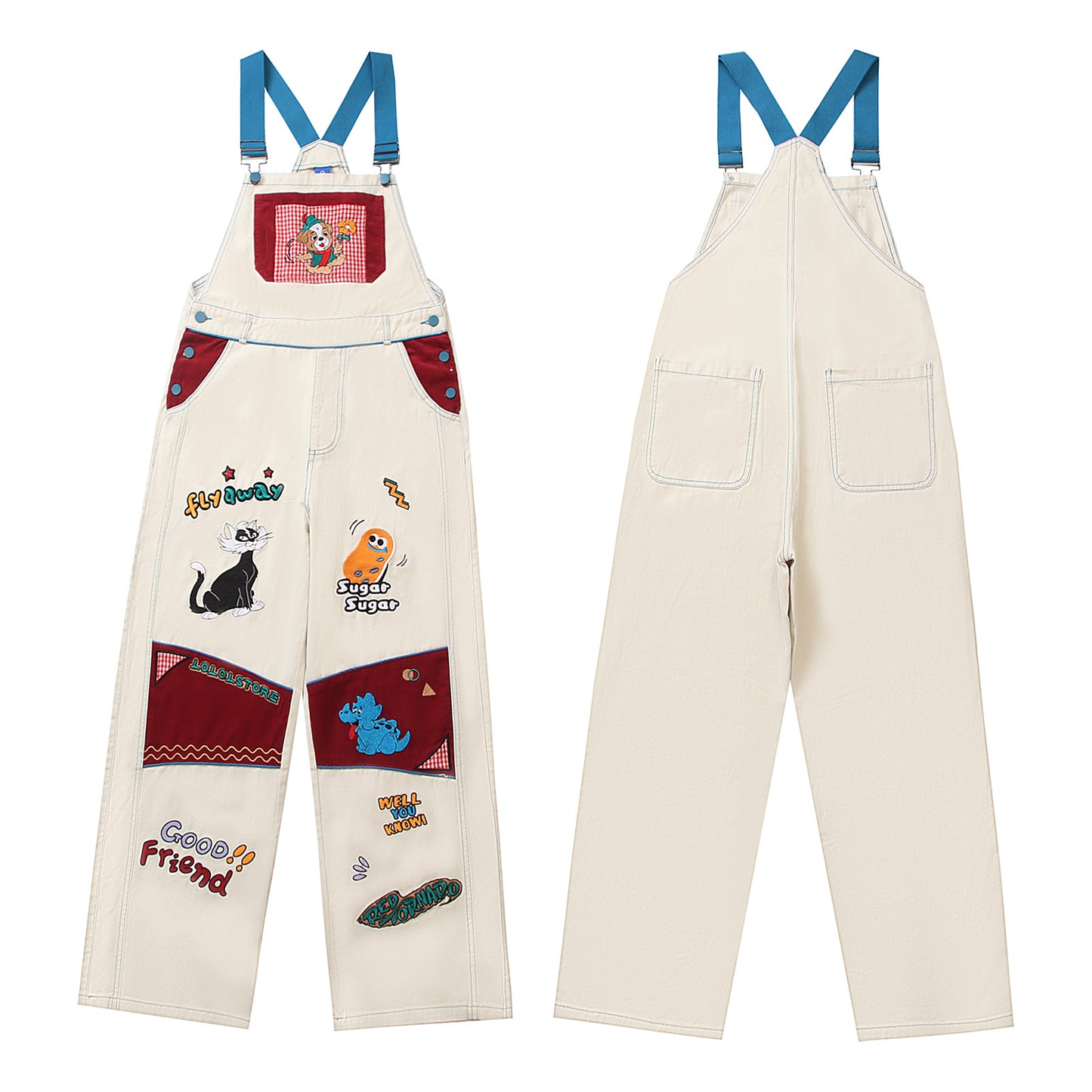 Retro Multi-Pocket Cute Cartoon Embroidery Design Suspender Pants Unisex Loose Casual Work Pants