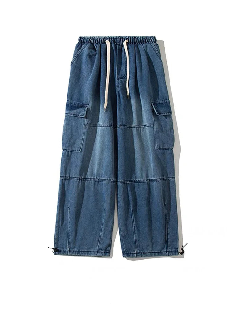 Vintage Blue Cargo Jeans Women Oversized Denim Pants Hip Hop Streetwear Retro Wide Leg Trousers