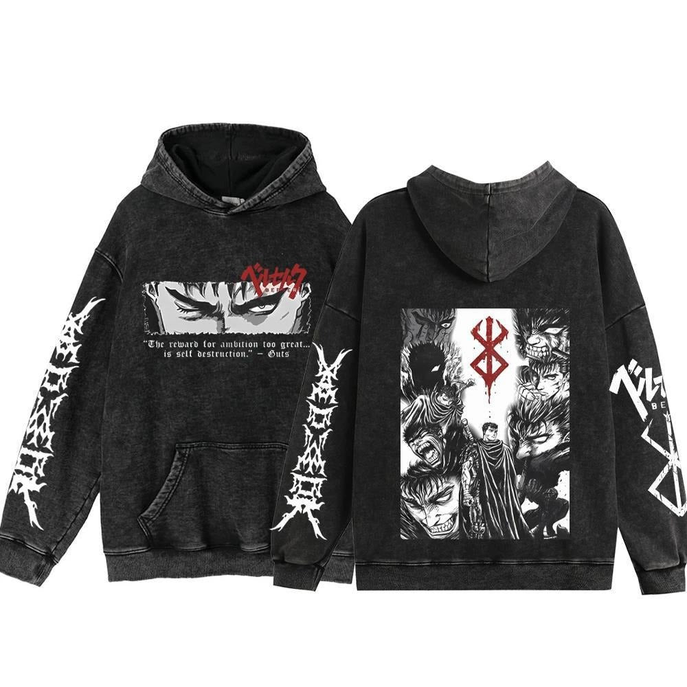 Streetwear Anime Hoodie Berserk Long Sleeve Hoodies Washed V