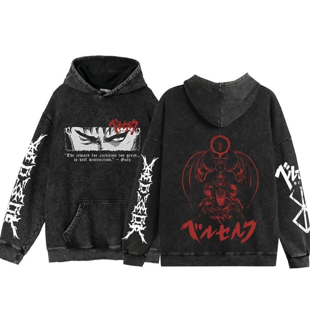 Streetwear Anime Hoodie Berserk Long Sleeve Hoodies Washed V