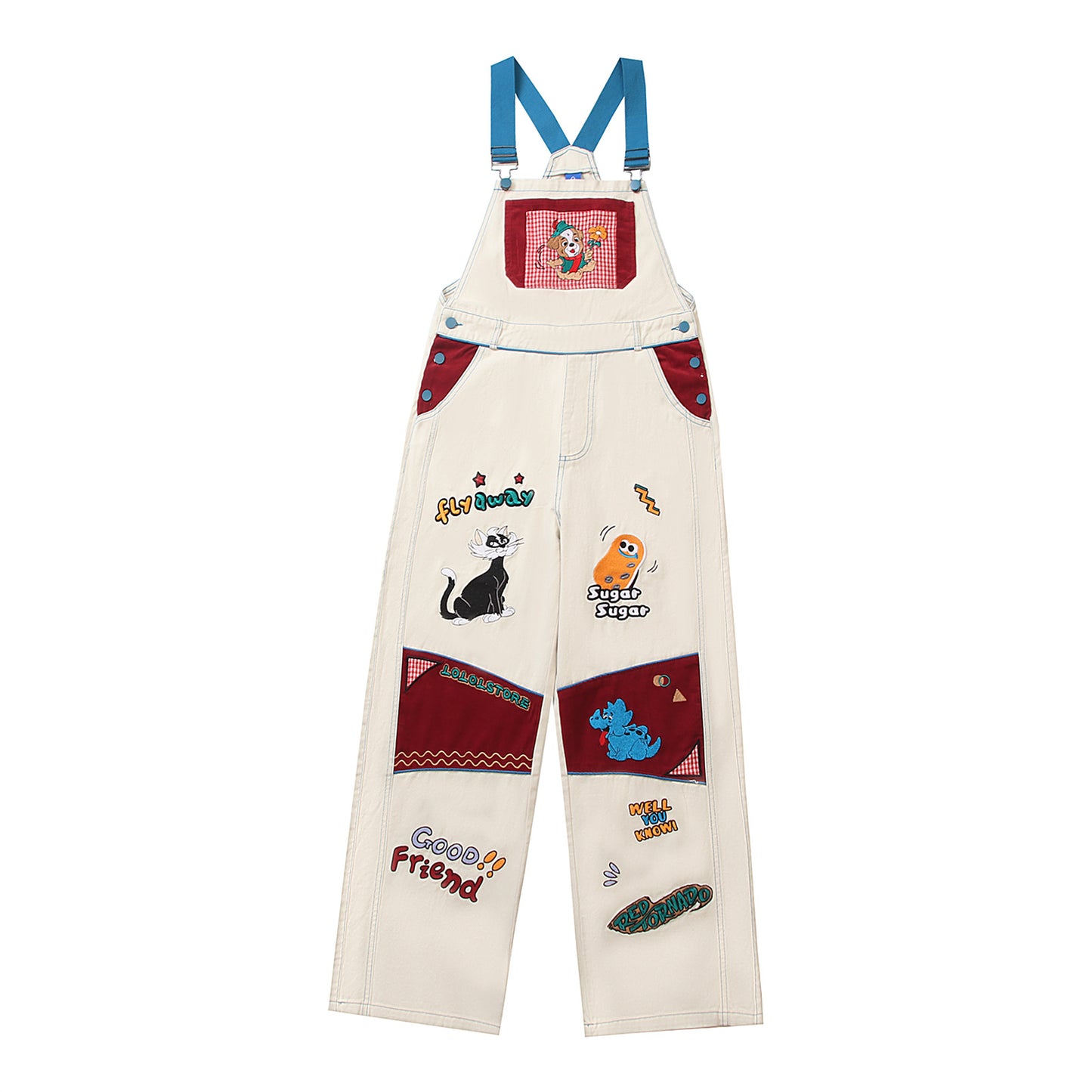 Retro Multi-Pocket Cute Cartoon Embroidery Design Suspender Pants Unisex Loose Casual Work Pants