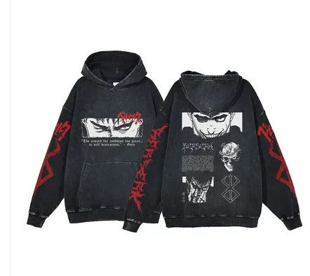 Streetwear Anime Hoodie Berserk Long Sleeve Hoodies Washed V