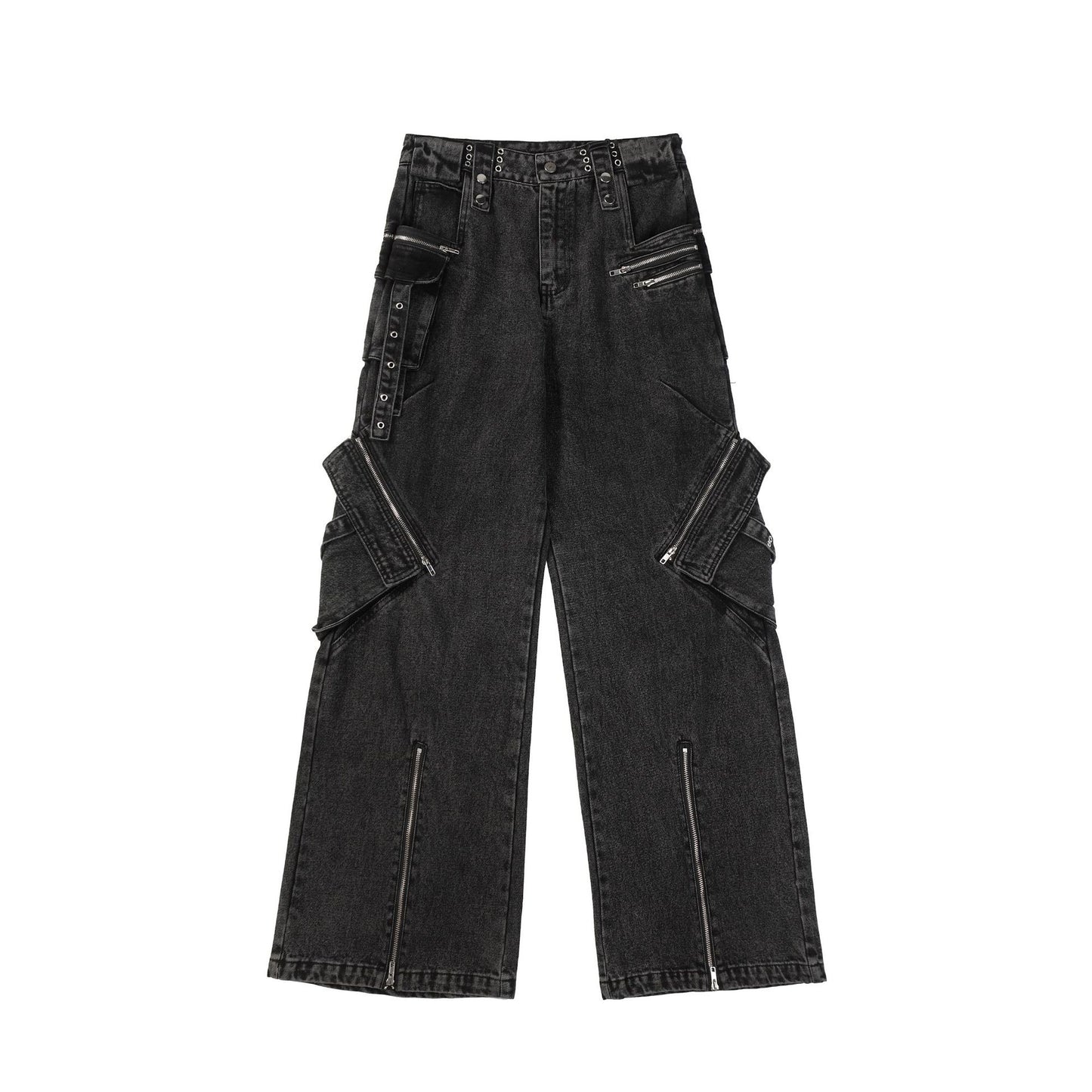 Workwear denim loose straight tube multi pocket zipper casual pants