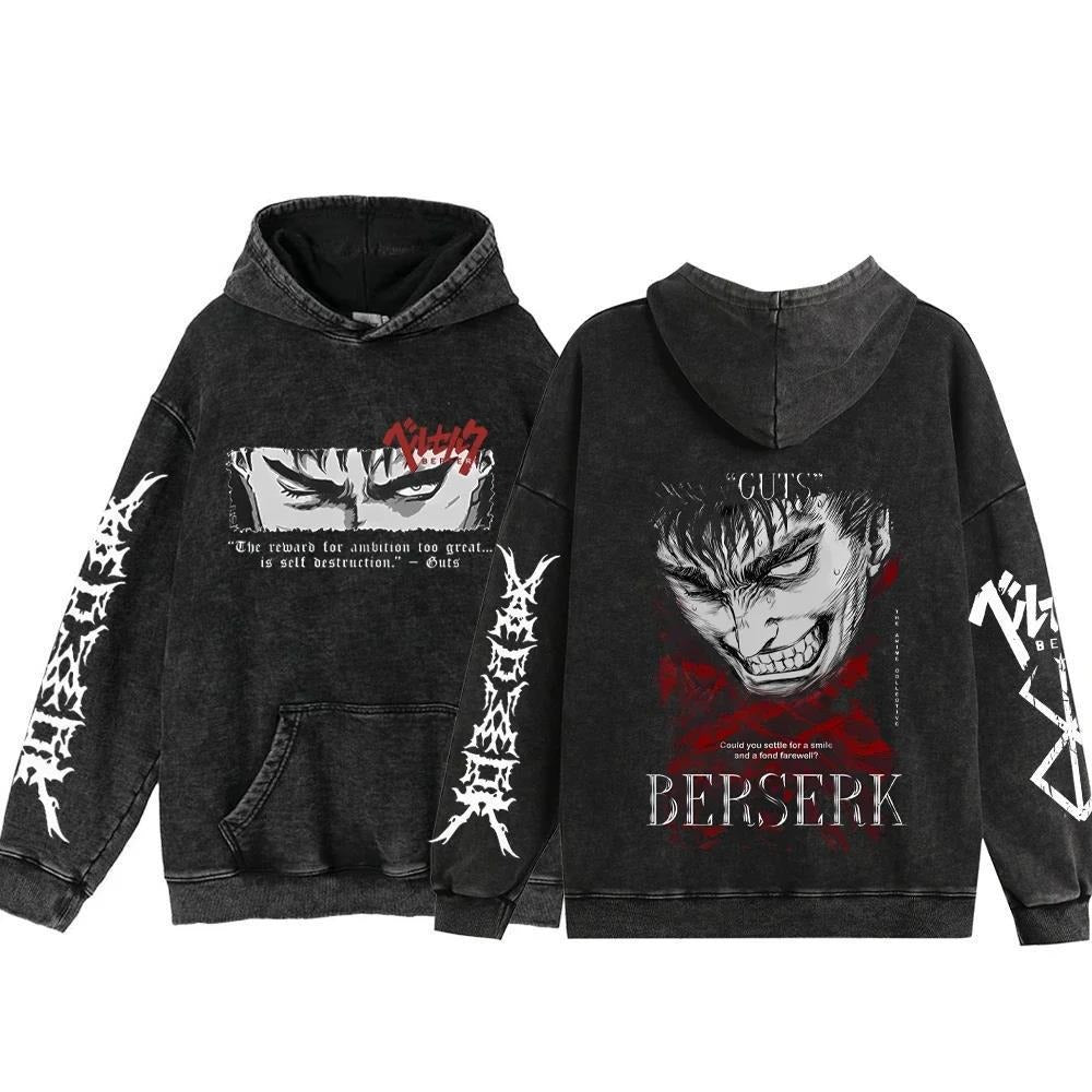 Streetwear Anime Hoodie Berserk Long Sleeve Hoodies Washed V