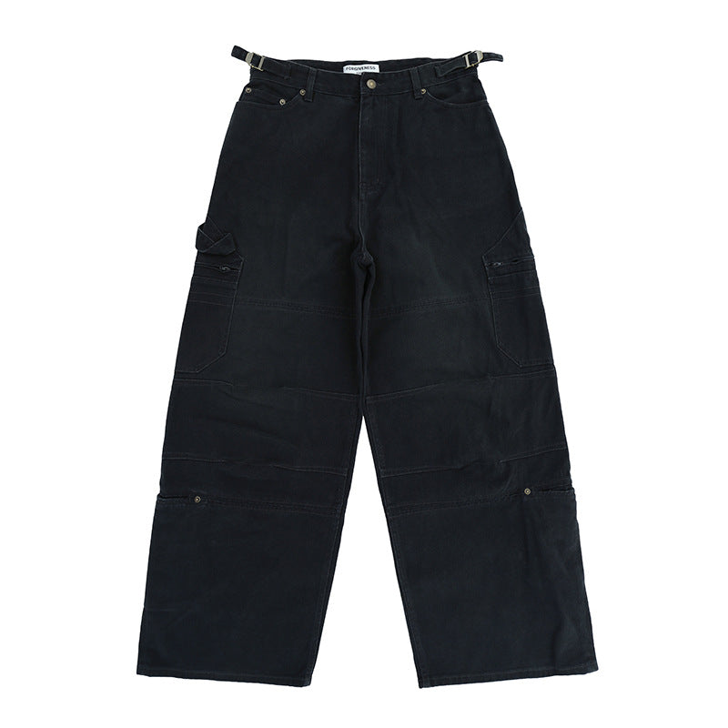 Men's  Loose Fit Wide Leg Washed Multi-Pocket Casual Workwear Jeans