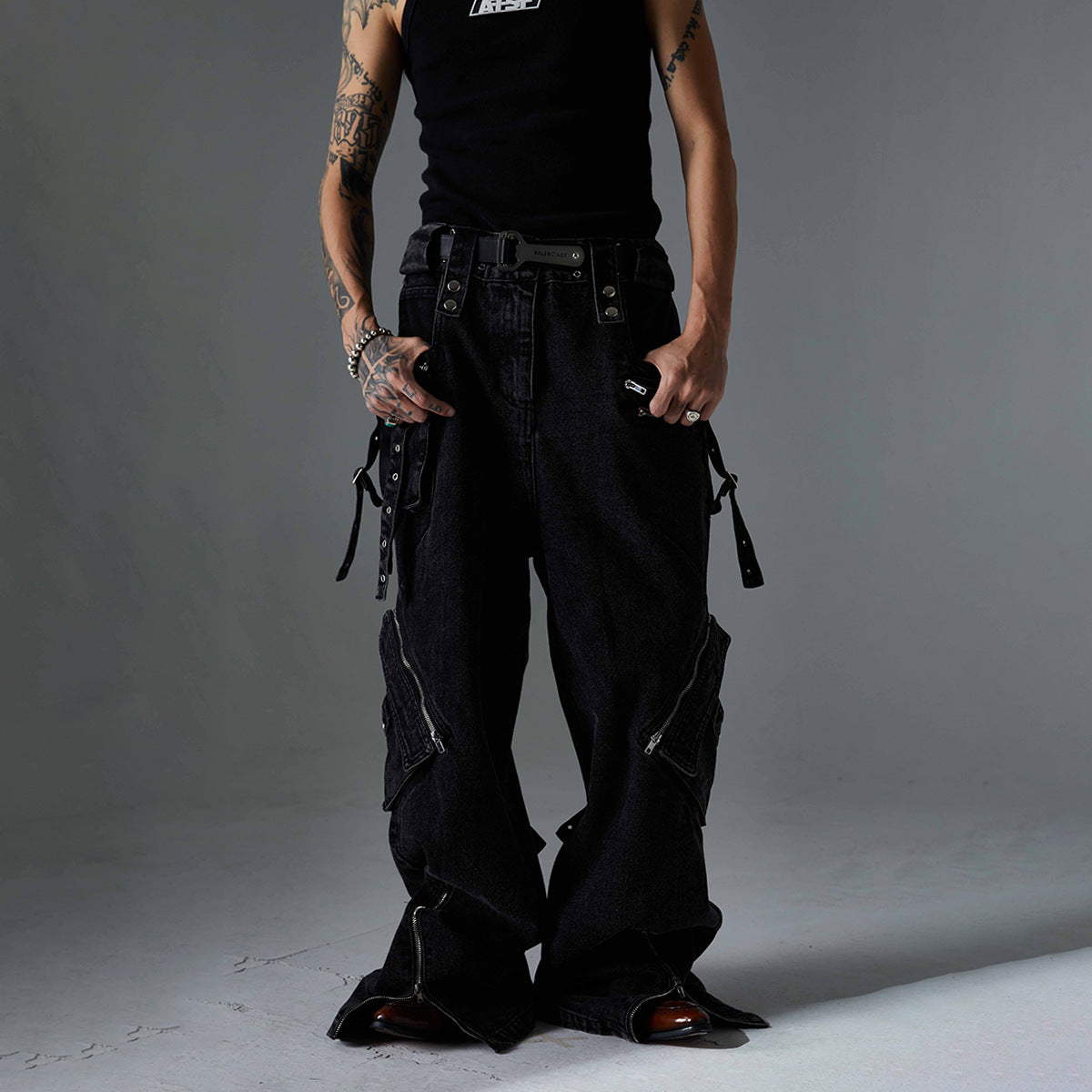 Workwear denim loose straight tube multi pocket zipper casual pants