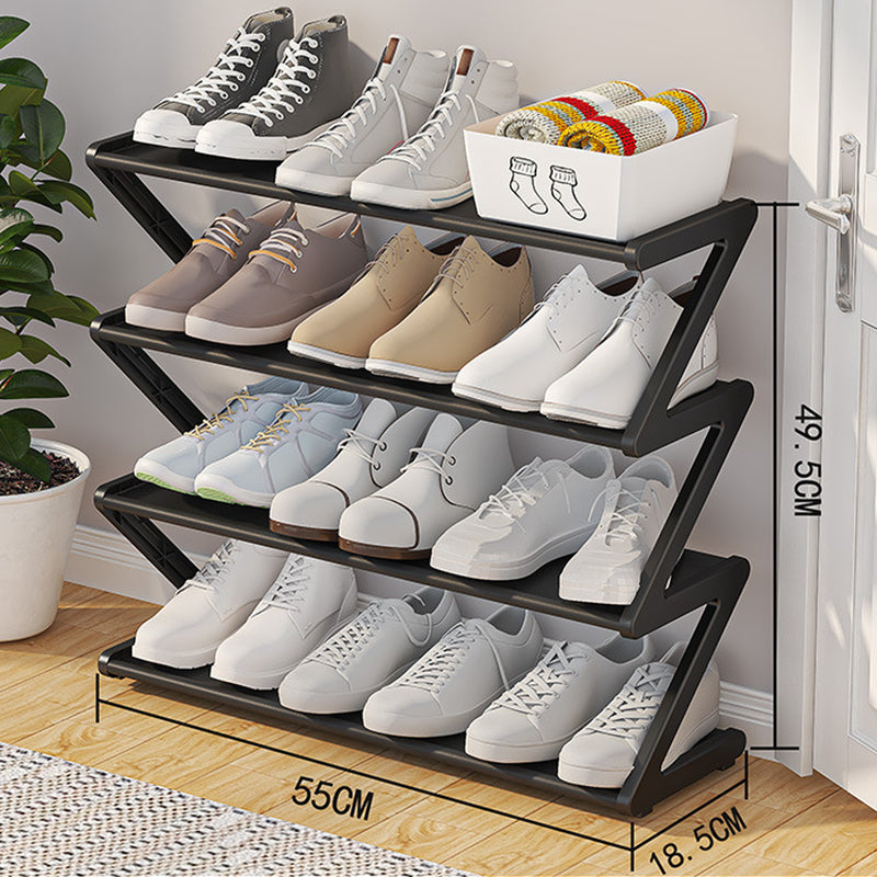 Z-shaped 4-layer shoe organizer: space-saving, wall/corner-mount, stackable, adjustable storage shelf.