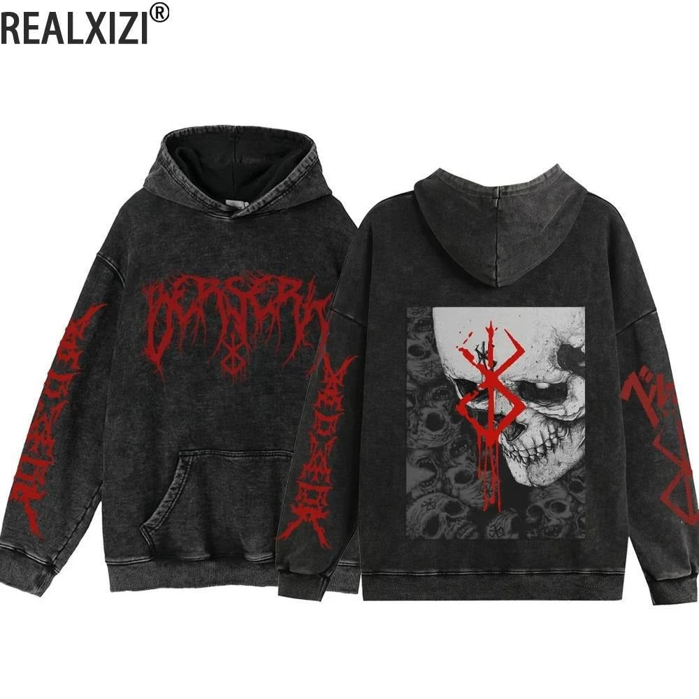 Streetwear Anime Hoodie Berserk Long Sleeve Hoodies Washed V