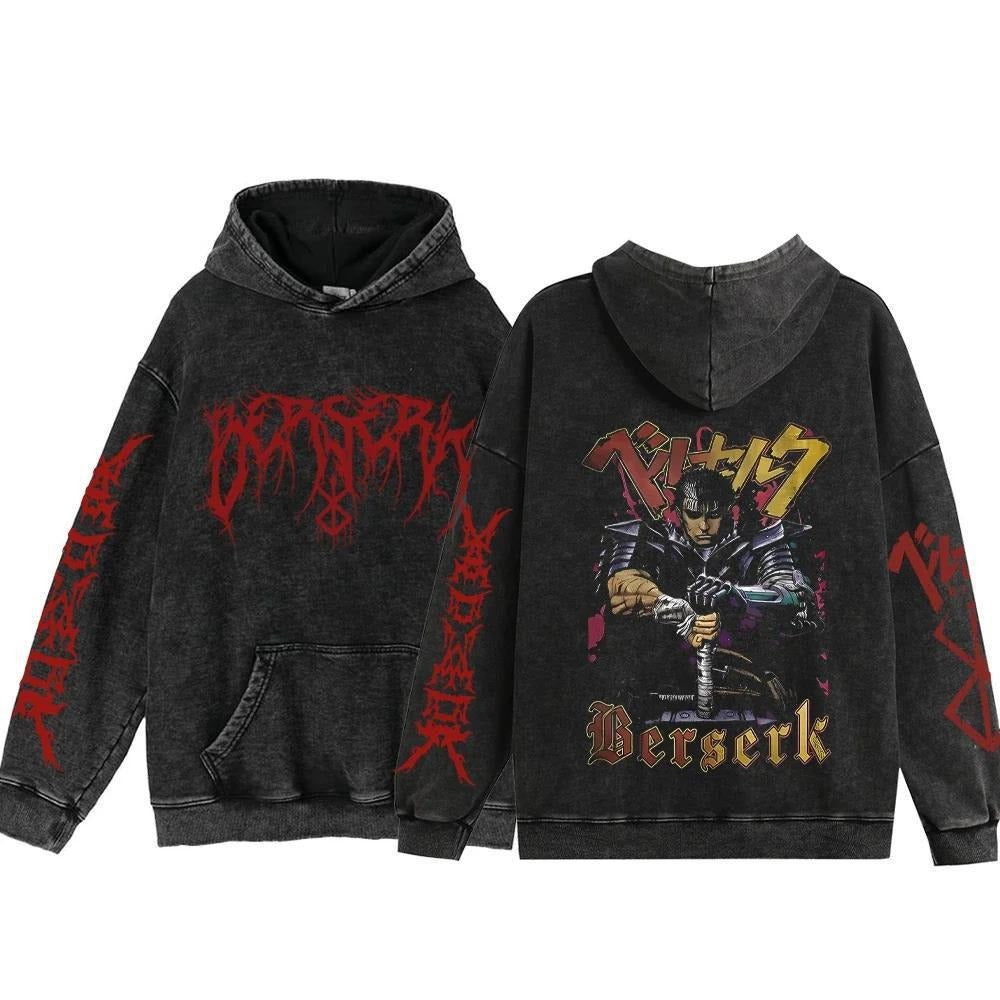 Streetwear Anime Hoodie Berserk Long Sleeve Hoodies Washed V
