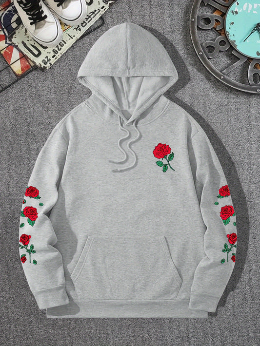 New printed red rose off shoulder sweatshirt casual street men's and women's sportswear pullover loose hoodie