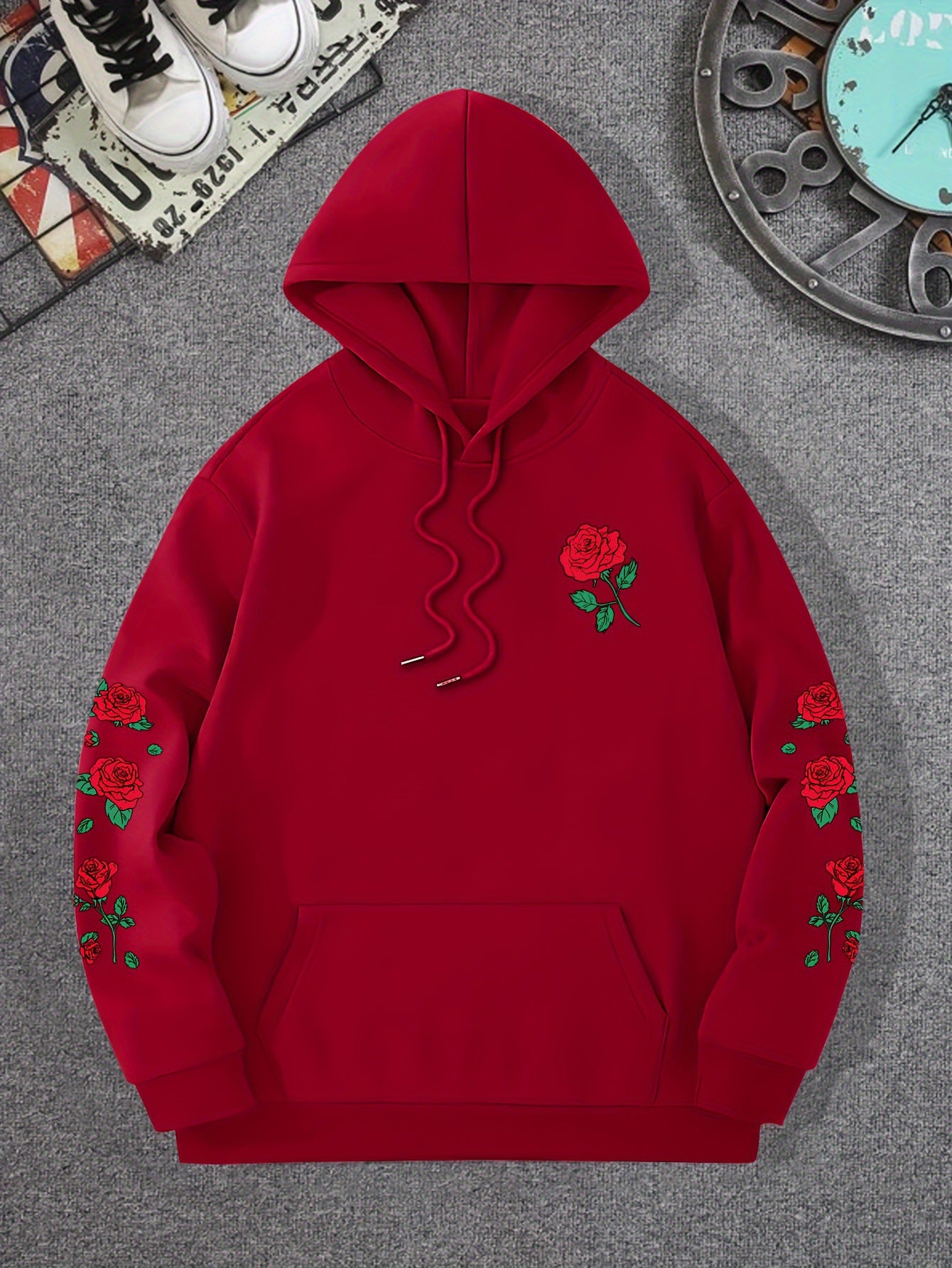 New printed red rose off shoulder sweatshirt casual street men's and women's sportswear pullover loose hoodie
