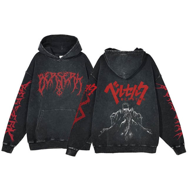 Streetwear Anime Hoodie Berserk Long Sleeve Hoodies Washed V