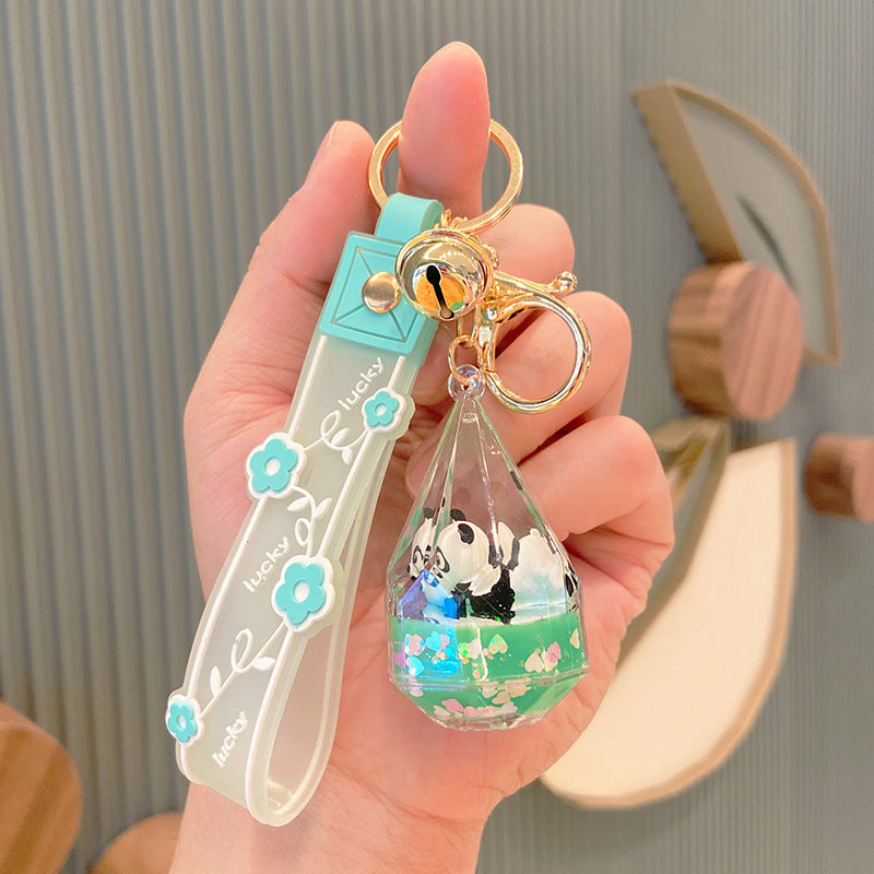 Panda Dun Dun Into The Oil Floating Key Chain Quicksand Bottle Liquid Acrylic Pendant Bag Pendant Cute Key Chain